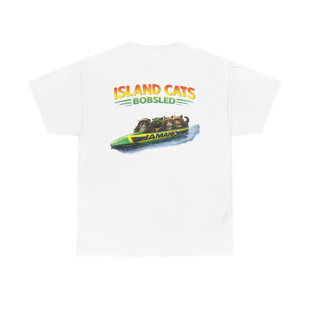 Jamaican Bobsled Cat Shirt – Tiki Shack Cats “Island Cats Bobsled” Cotton Tee