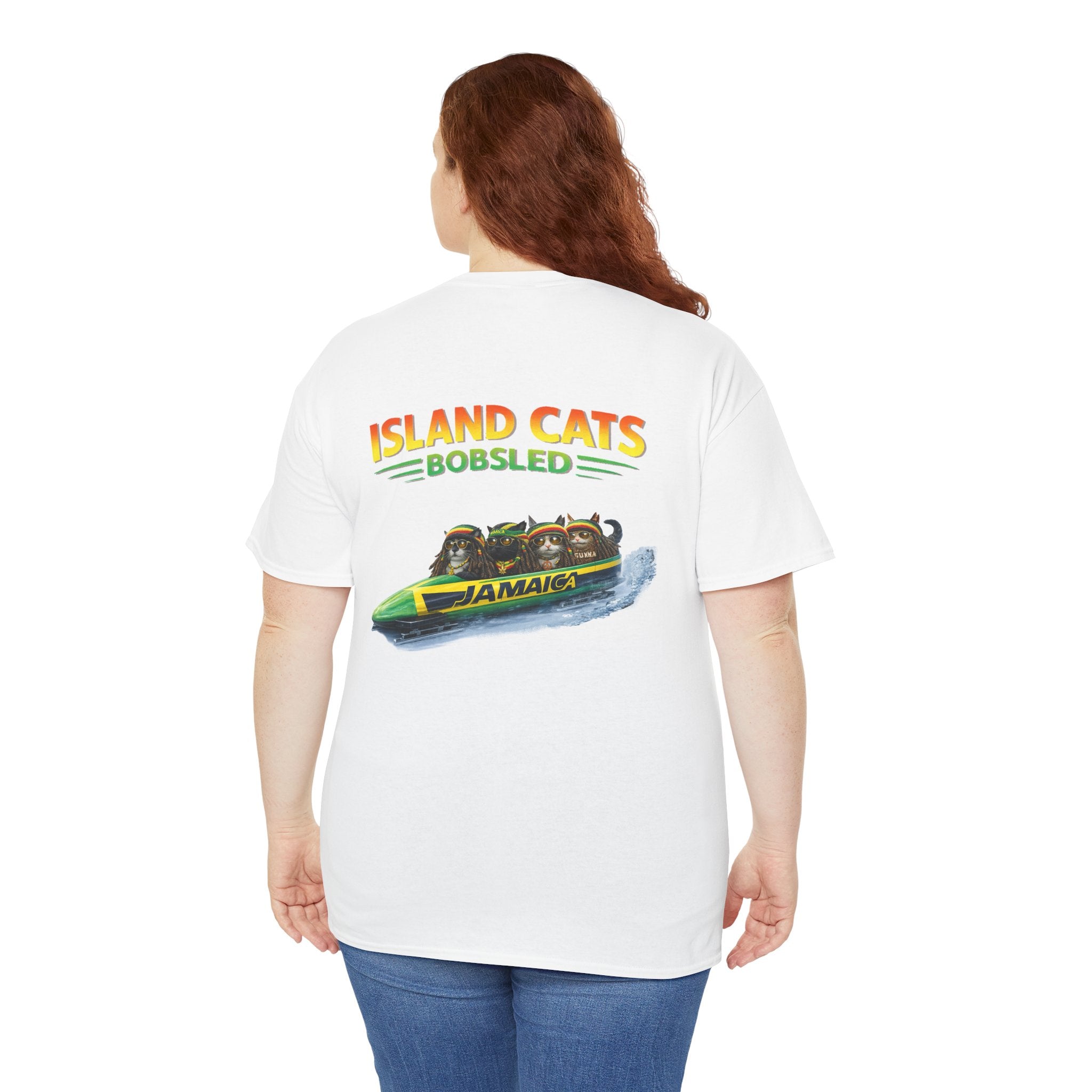 Jamaican Bobsled Cat Shirt – Tiki Shack Cats “Island Cats Bobsled” Cotton Tee