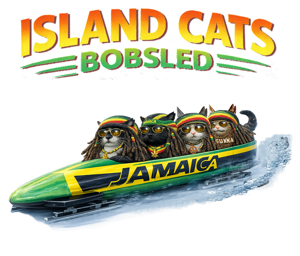 Jamaican Bobsled Cat Shirt – Tiki Shack Cats “Island Cats Bobsled” Cotton Tee