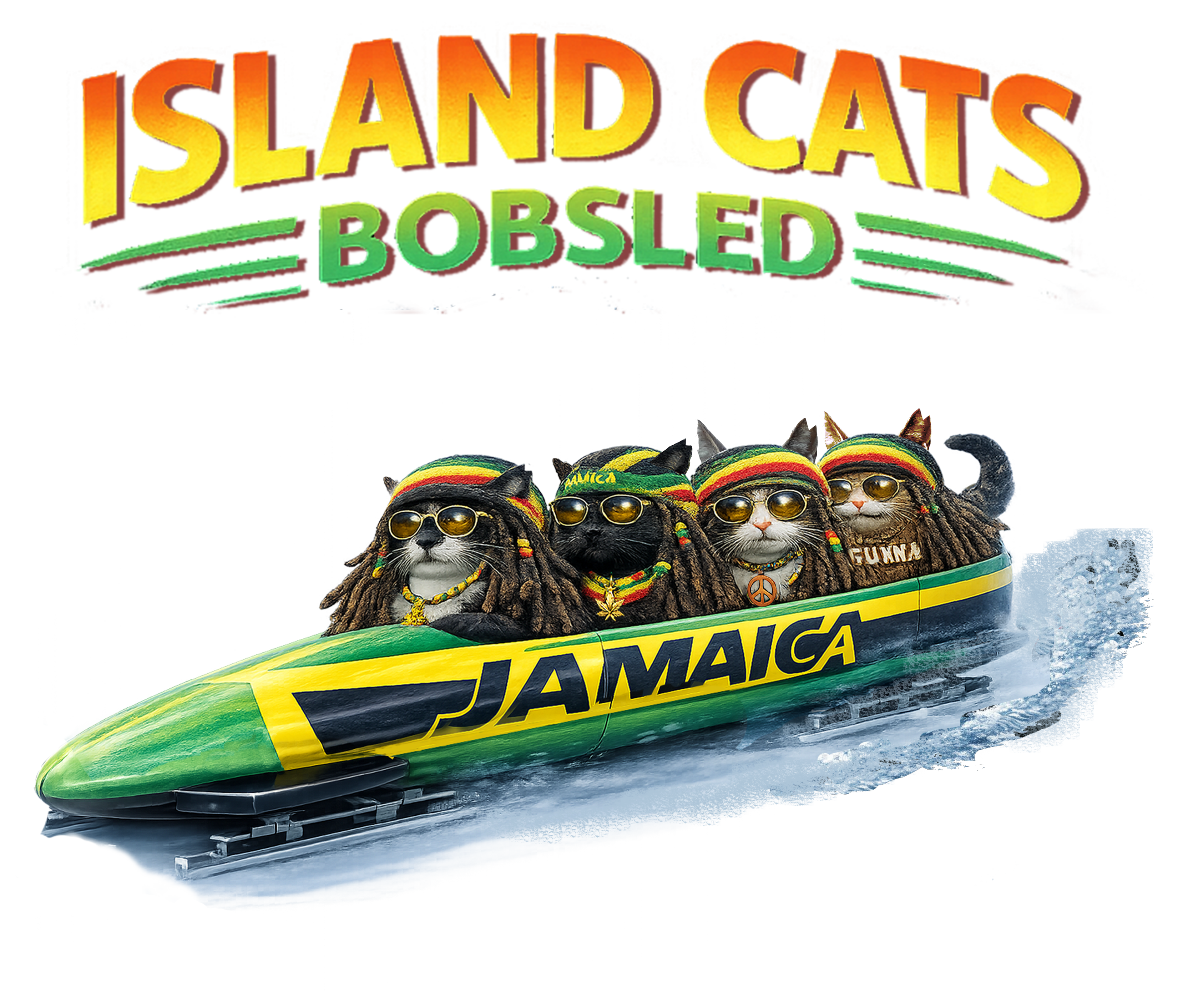 Jamaican Bobsled Cat Shirt – Tiki Shack Cats “Island Cats Bobsled” Cotton Tee
