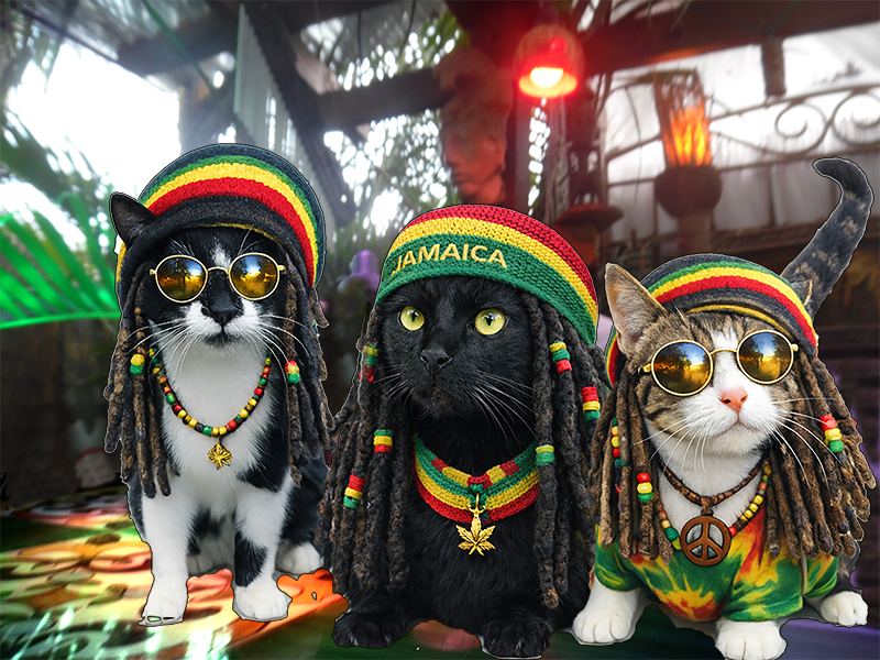 Jamaican Bobsled Cat Shirt – Tiki Shack Cats “Island Cats Bobsled” Cotton Tee